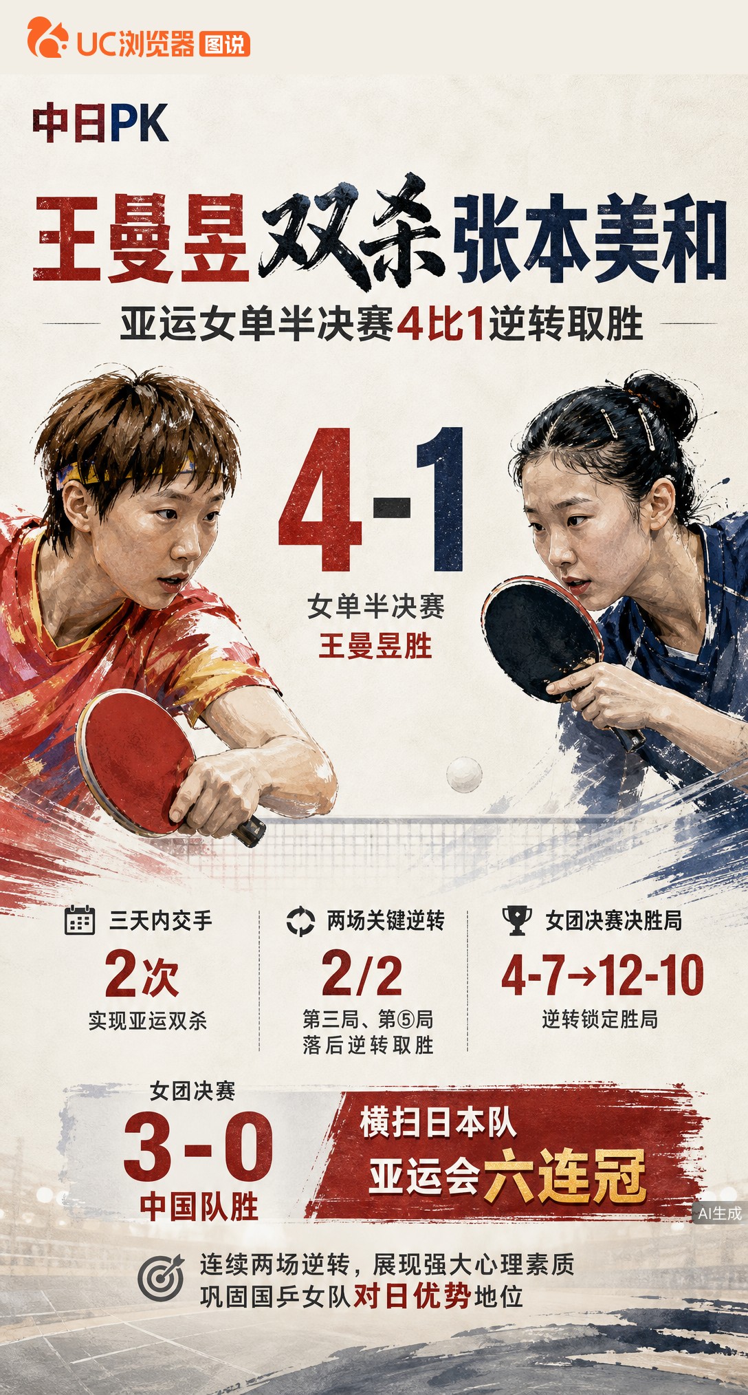 三天双杀！王曼昱亚运女单半决赛4-1逆转张本美和晋级决赛，加上女团决胜局翻盘，两战都在落后时顶住压力