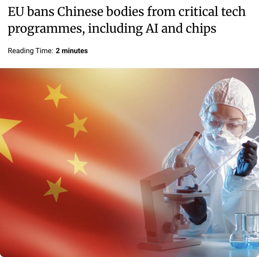 外媒：欧盟将中国机构排除在AI、芯片等关键技术项目之外欧盟已正式禁止中国境内