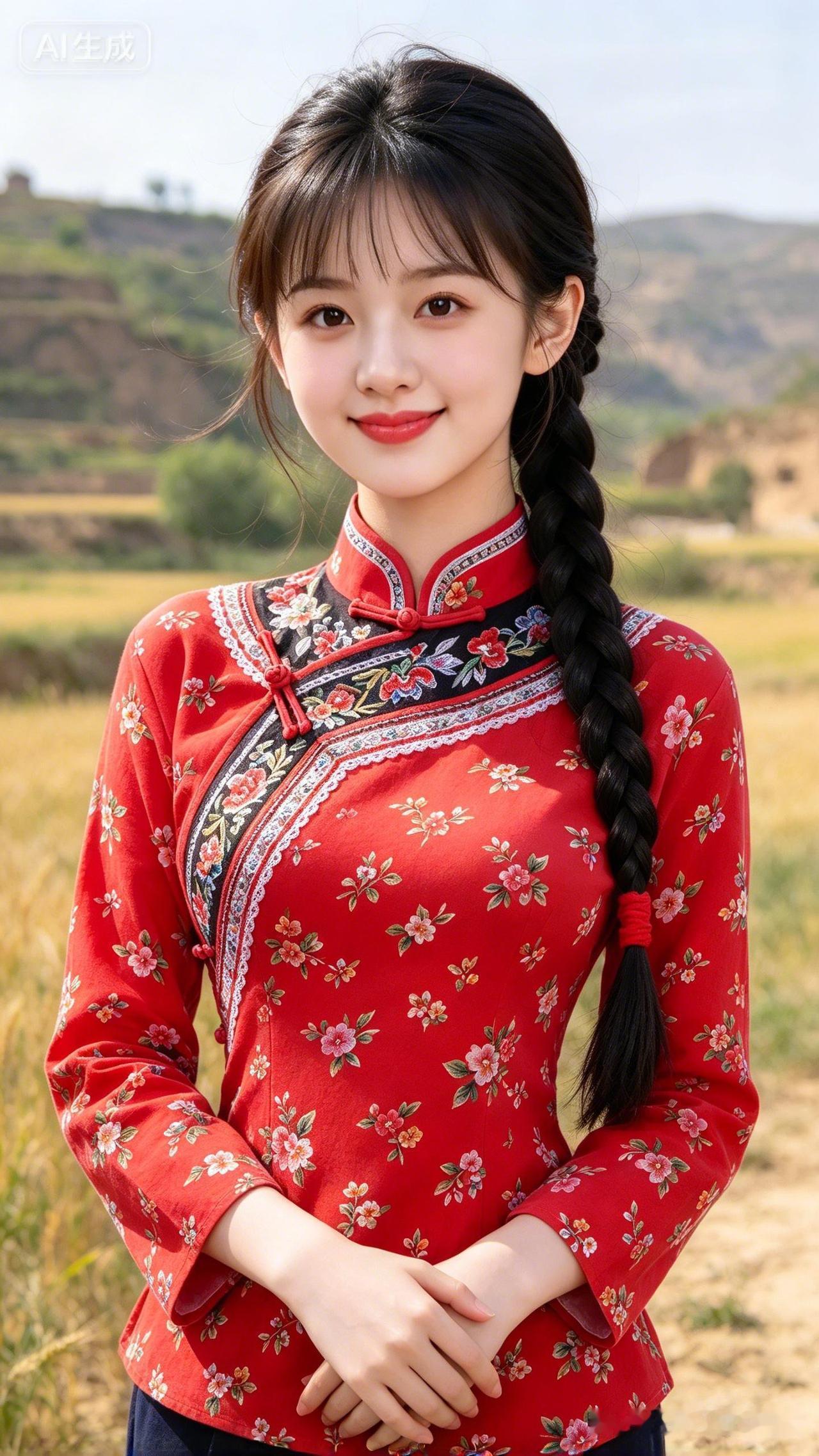 这个小姐姐穿着红色的旗袍，真漂亮！