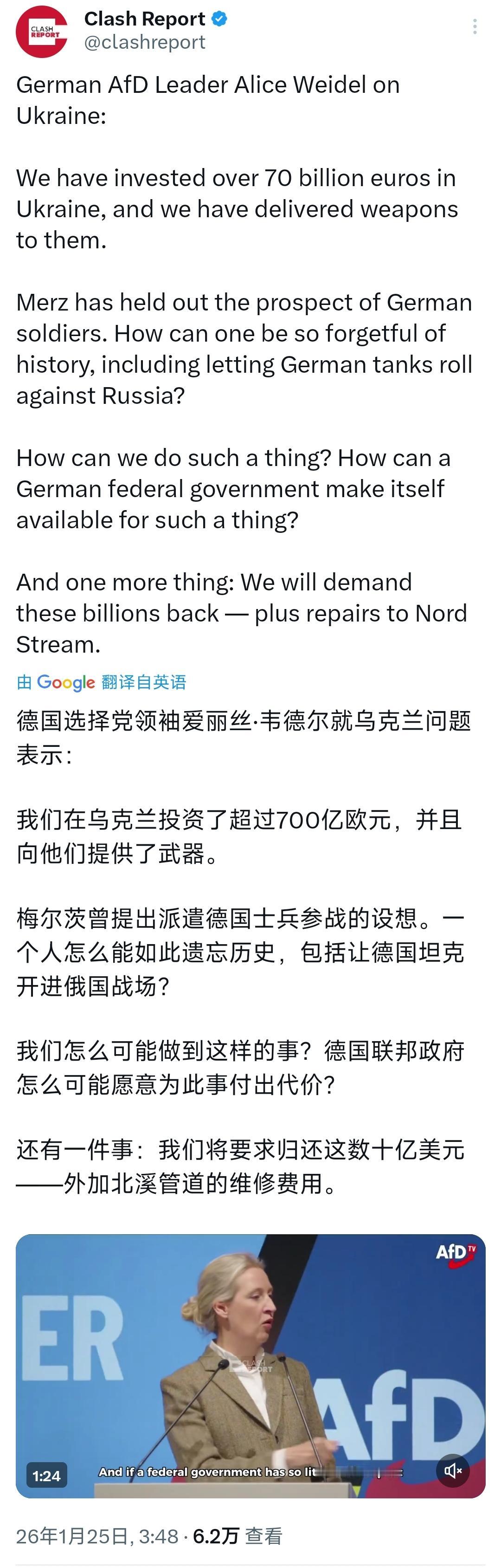 德国选择党主席爱丽丝·魏德尔今天（北京时间1月25日）表示：“我们在乌克兰投资了