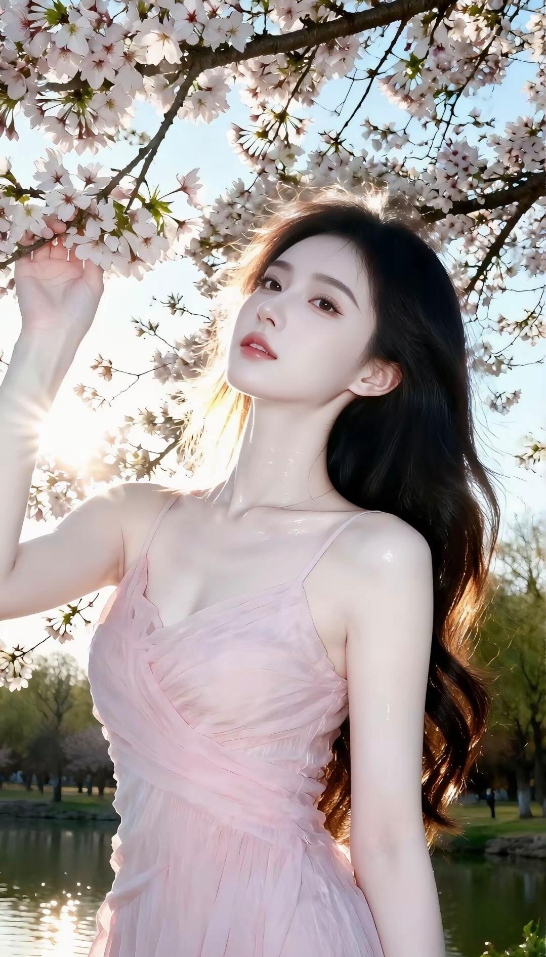 风把樱花揉碎在日光里，她抬腕时，花瓣便栖在指节。粉裙是春潮漫上来的浪，裹着午后的