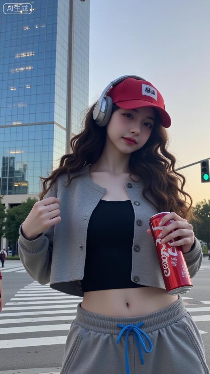 街头的灰调甜酷妹好亮眼灰系短开衫叠黑吊带，配同色束脚裤，红帽+红罐一衬，又