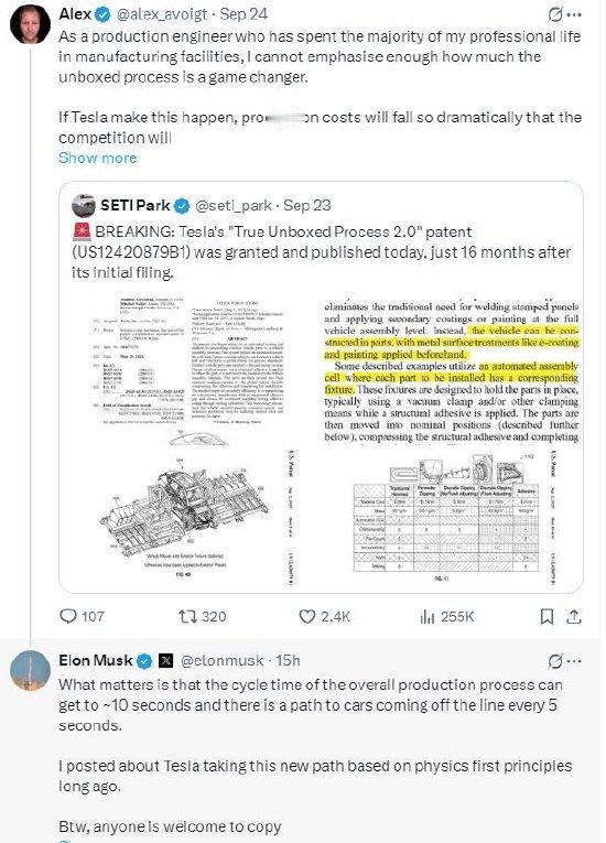 你认为生产一辆特斯拉需要多久？一个月？半个月？不，是5秒钟！[赞]特斯拉申请的