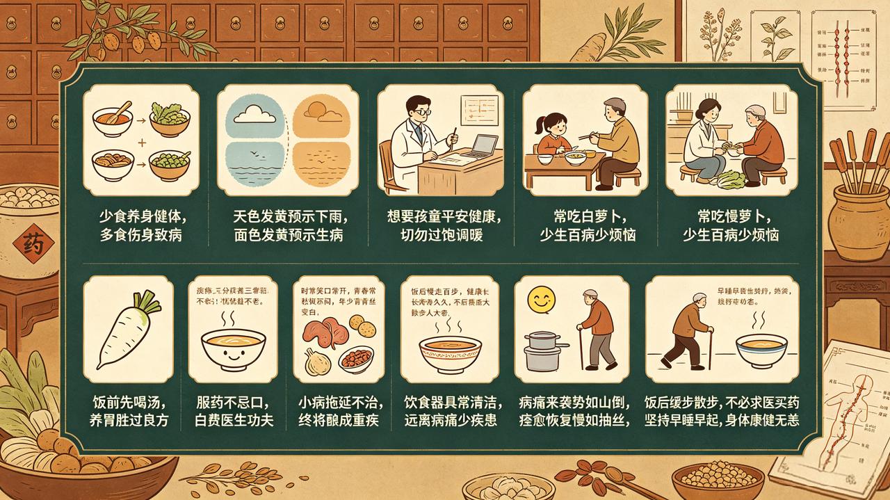 中医养生顺口溜(1)少食养身健体，多食伤身致病！(2)天色发黄预示下