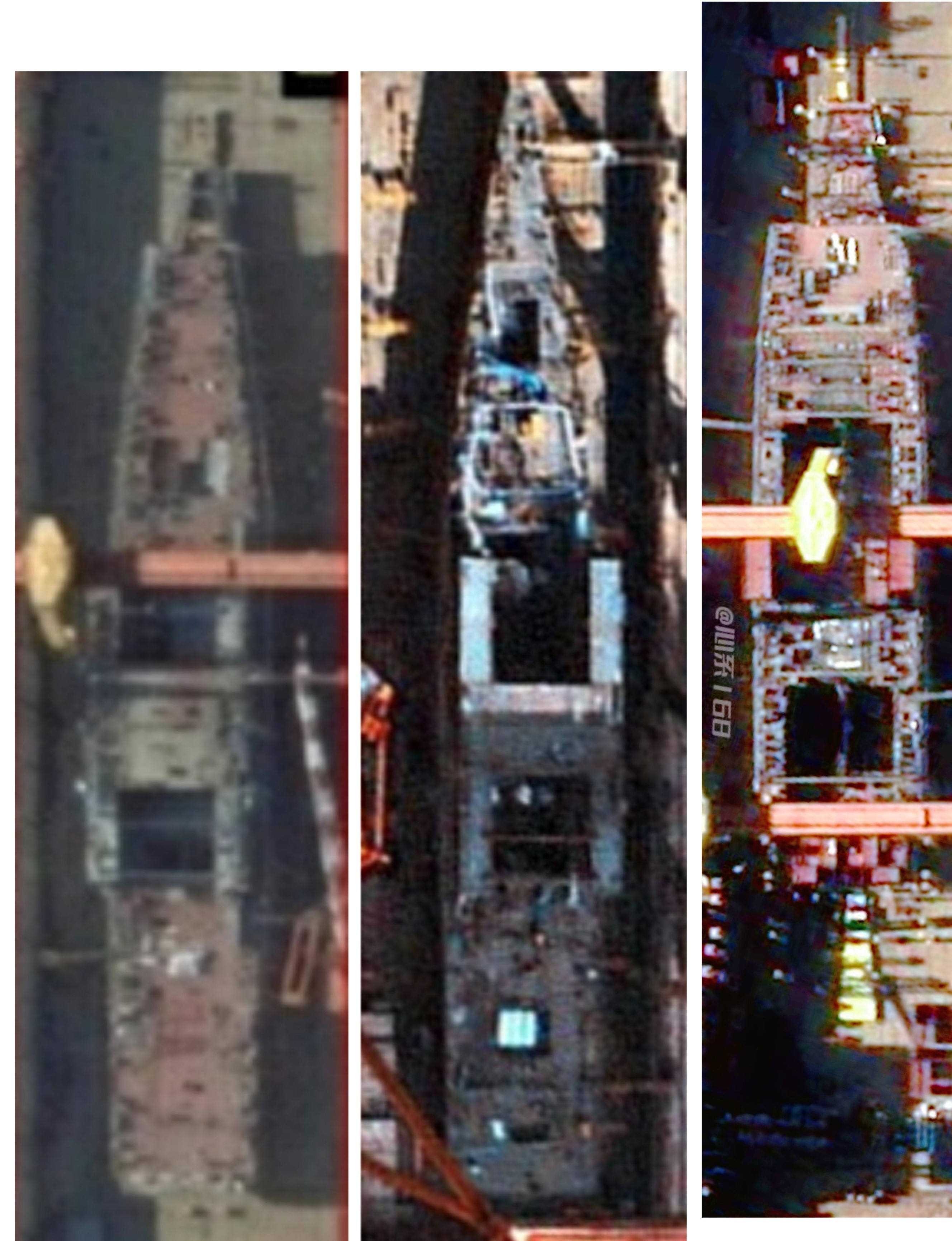 004与003差不多阶段的卫星图对比004舰尾还差一大截未搭载，机库侧壁都上了