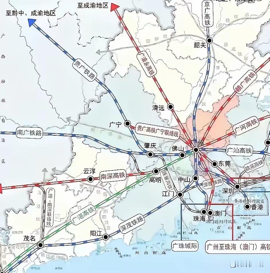 广州的铁路网宛如八爪鱼的触手，全方位地朝着四面八方铺展开来，那叫一个四通八达！毫