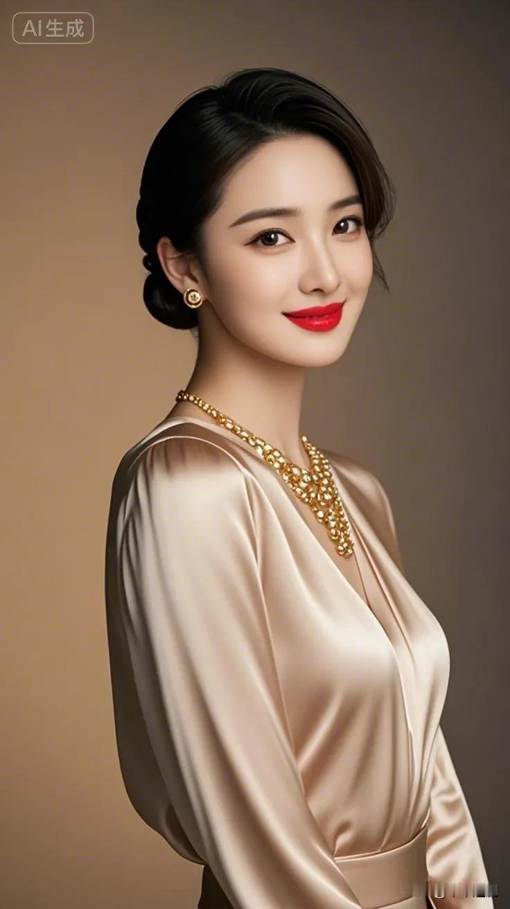 香槟缎面揉着高级的质感，金饰点缀出华贵气质，红唇一抹，把优雅与贵气揉成独有的模样