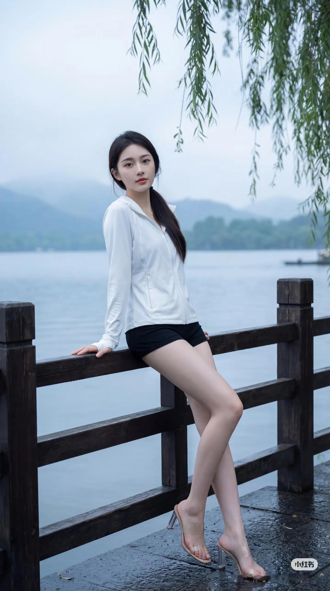 雨后湖畔，白衣少女倚栏杆，静享湖光山色。街拍高清美女