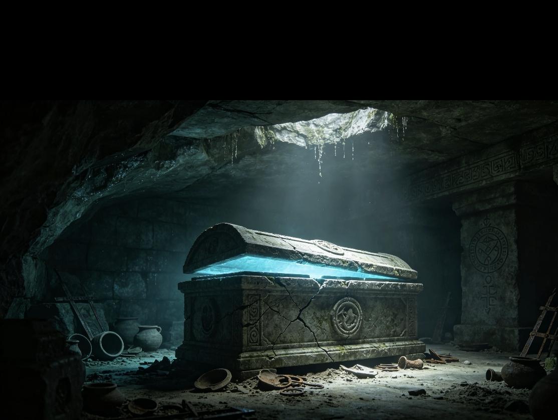 一个神秘洞穴里的发光石棺。