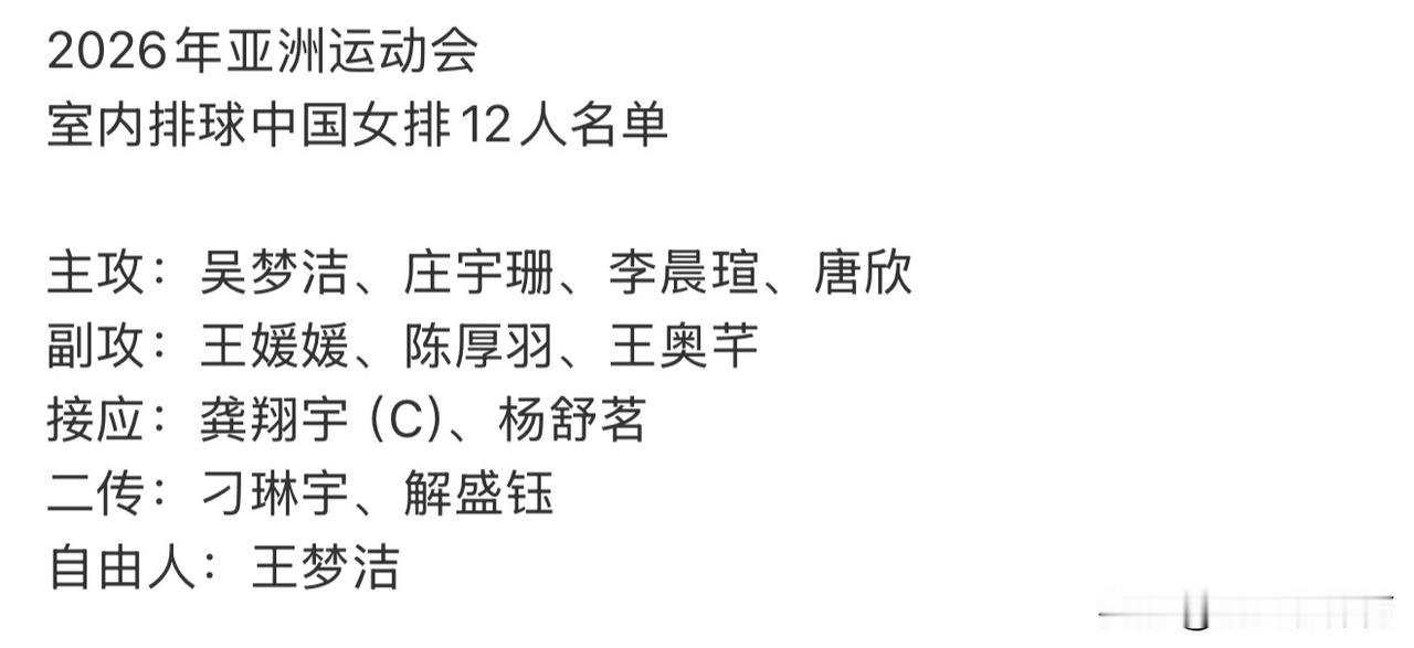 泰国女排亚运会夺冠的好机会又来了！中国女排刚刚官宣了名古屋亚运会的12人大名单，