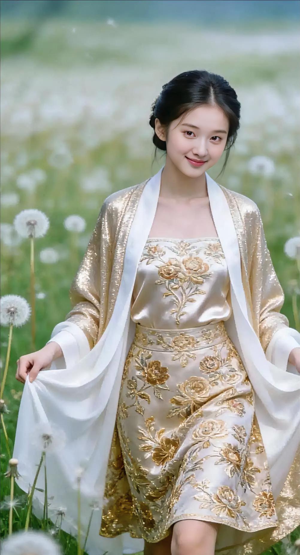 《风过金绣遇蒲公》青野漫开蒲公英的绒，风里藏着浅淡香。金绣在裙裾上舒