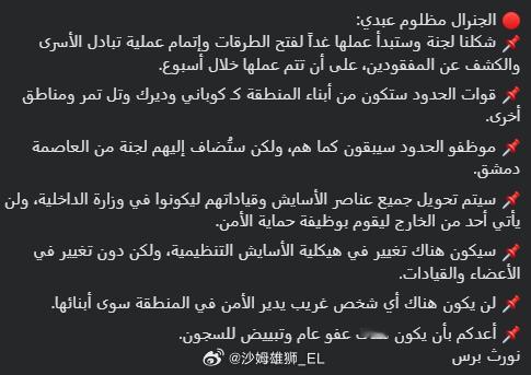 叙利亚库尔德武装总司令马兹卢姆宣布了上个月他们与HTS政权达成的协议在目前的执行