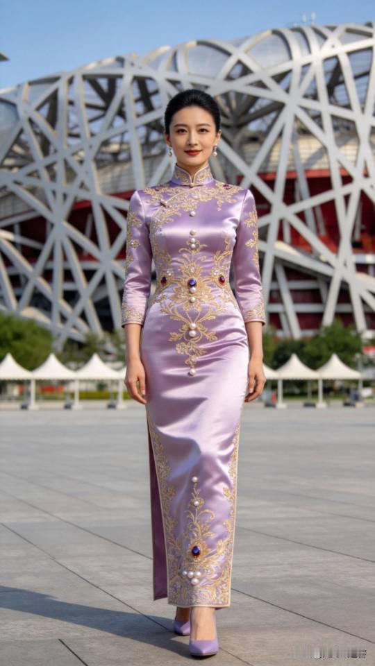 美女在鸟巢展示高定主持人晚礼服。晚礼服礼服长裙