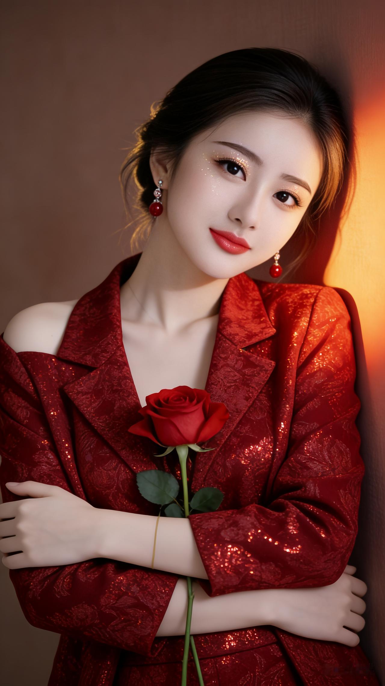 少女轻靠暖棕渐变背景墙，暖调侧逆光勾勒浅金发丝，冷白皮细腻有光泽。着红色闪片提花