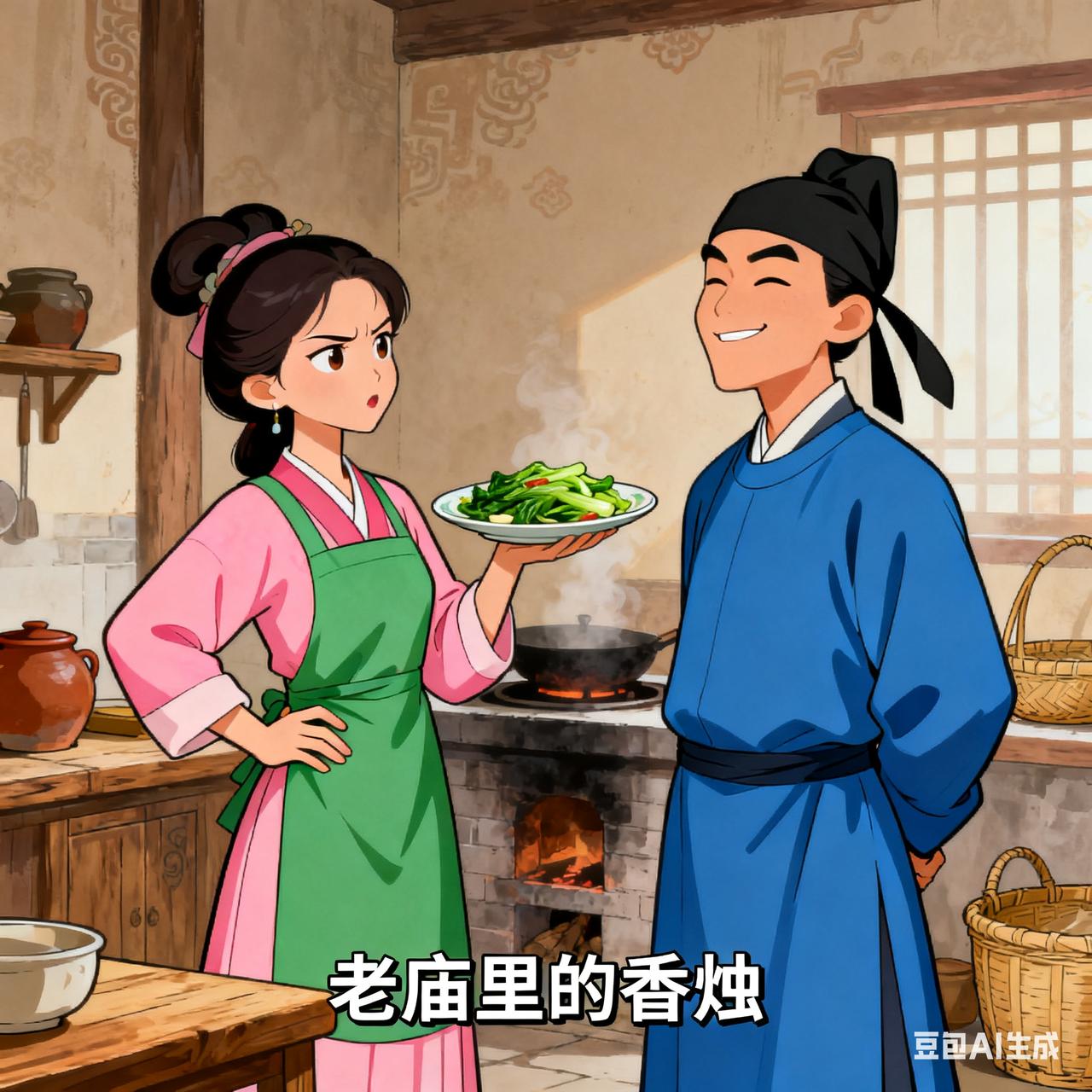 古代夫妻笑话妻子端上一盘炒青菜，叉着腰问丈夫：“你说，我这手艺是不是