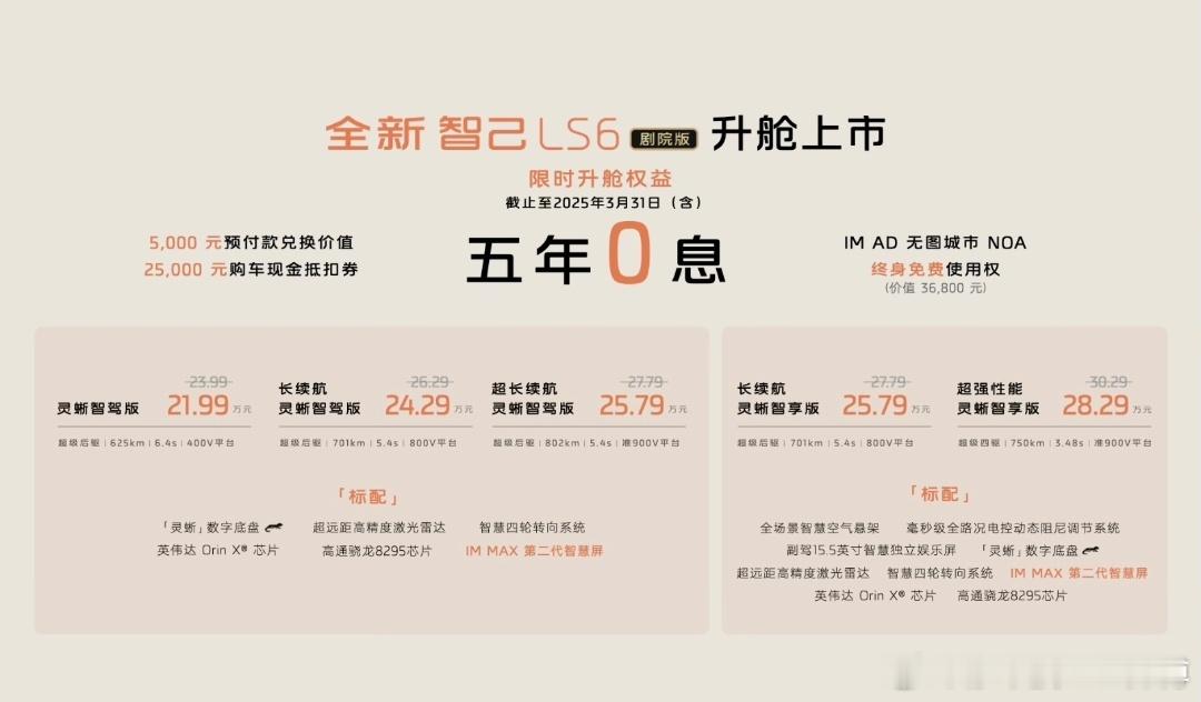 智己LS6今晚上市了一个剧院版，价格还是21.99-28.29万，升舱满配不加价