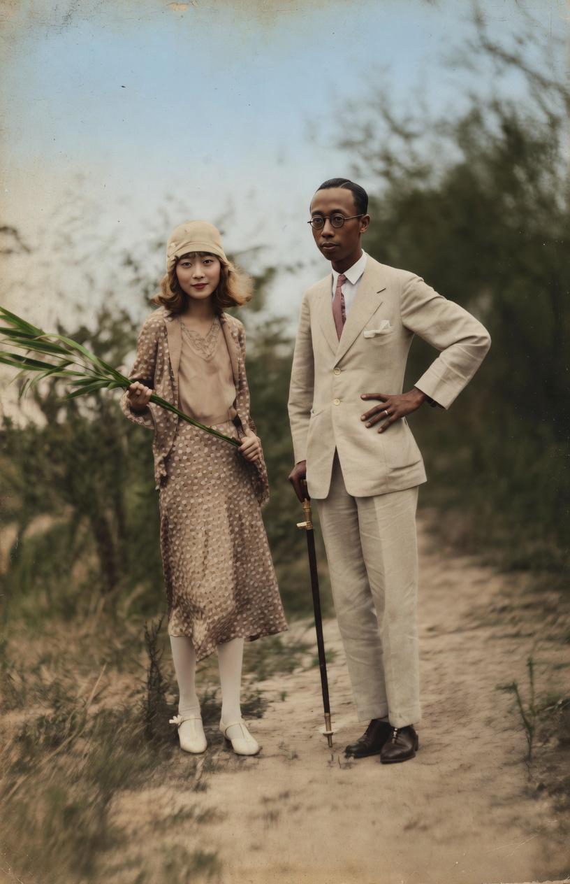 1920年，天津郊外的郊野小路，末代皇帝溥仪与皇后婉容的户外合影，是帝后二人在紫