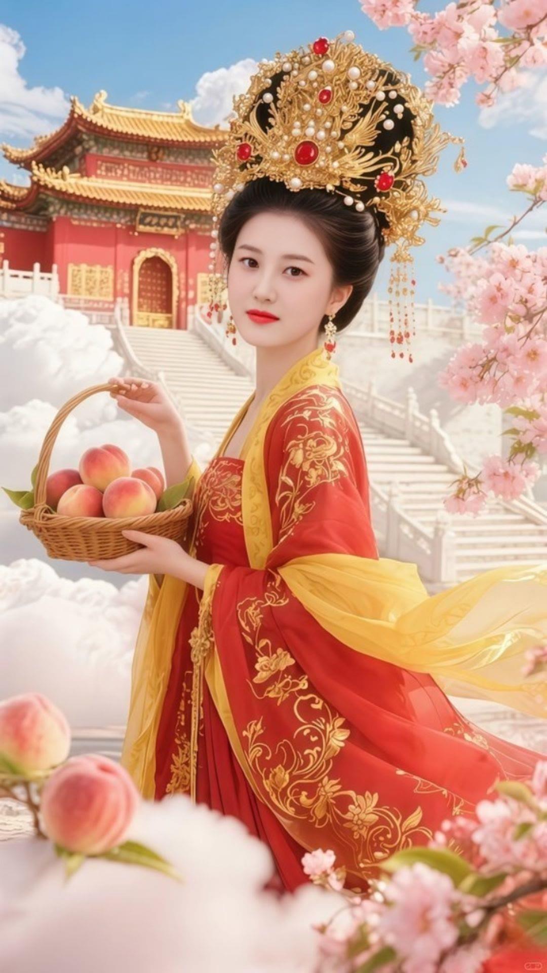 穿越时空的古典美人，手捧桃篮，置身于古风宫殿与樱花之中。