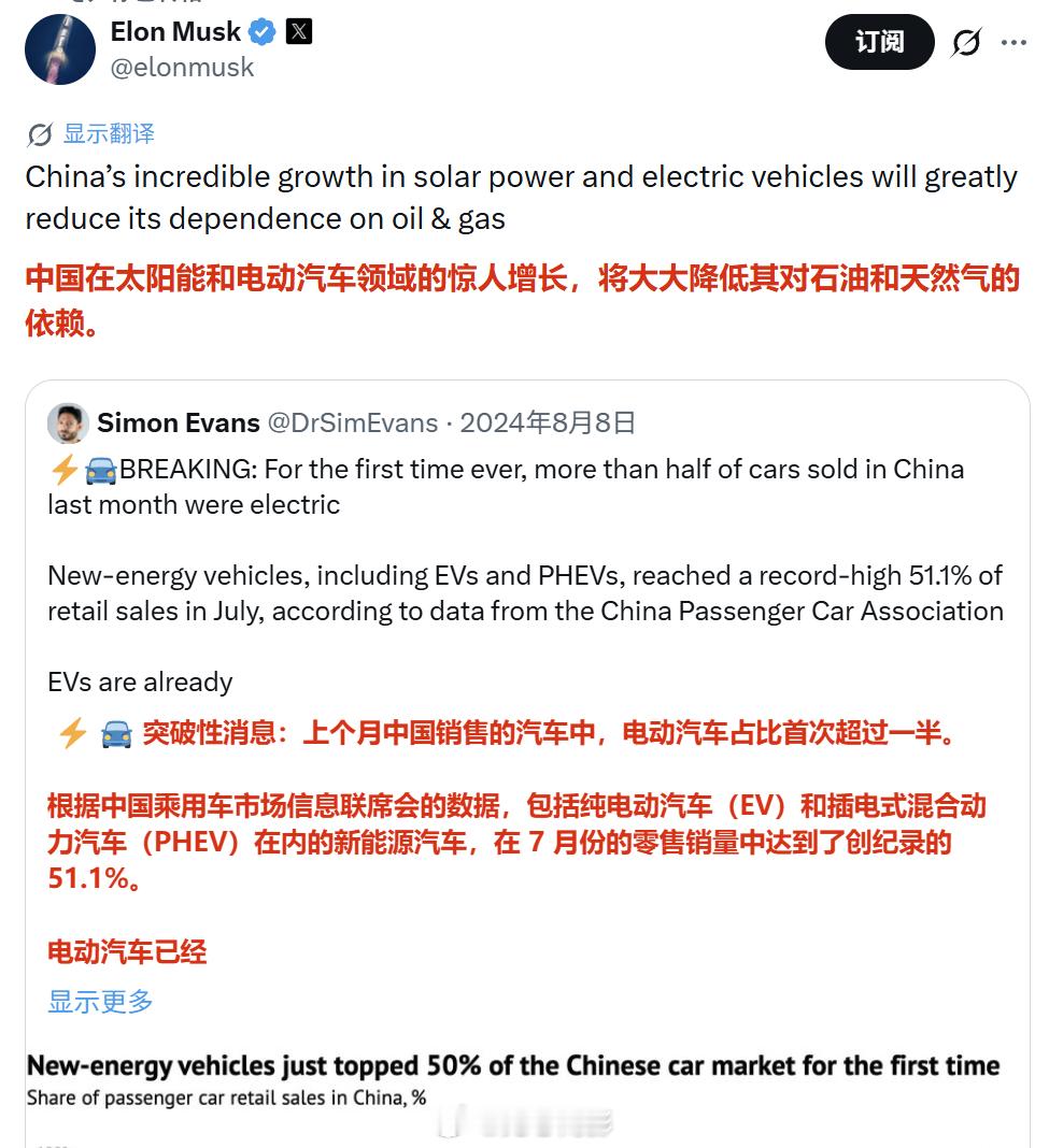 马斯克转发了一个2024年中国电动车销量的消息，然后写道：“中国在太阳能和电动汽