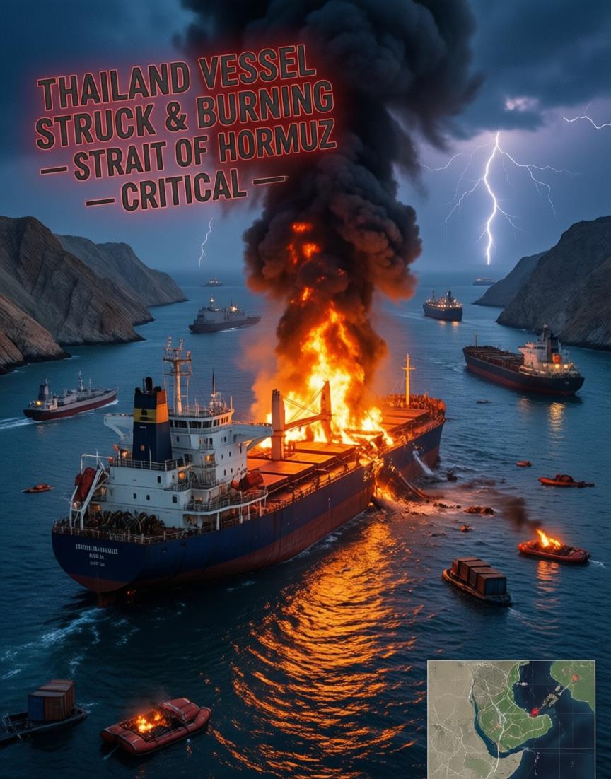 一艘泰国货船，在霍尔木兹海峡炸了。3万吨的散货船，拖着火，漂在水上。20名船