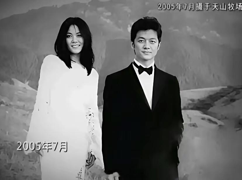 37岁的王菲与34岁的李亚鹏在天山牧场拍的甜蜜婚纱照，李亚鹏穿着黑色西装帅气潇洒