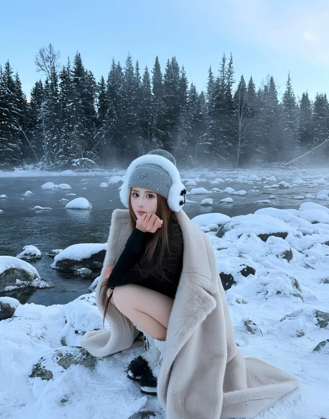 冬日暖阳下的雪景，少女与自然亲密接触。