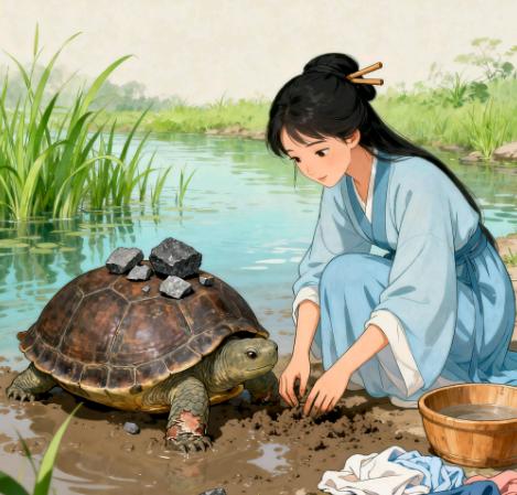 古时，有个女子去河边洗衣服，发现一只磨盘大的老龟卡在泥里，她便相助老龟回到河里。
