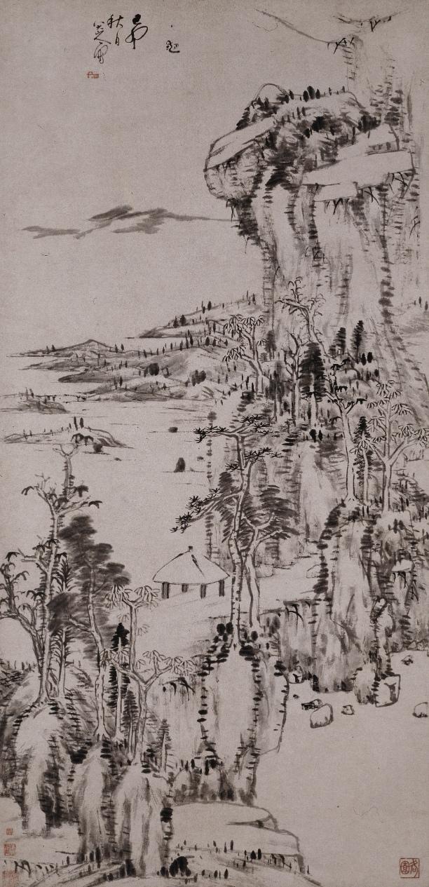 如何欣赏《八大山人》的画作我们拿《秋林野亭图》来讲；以画中空亭举例。亭子