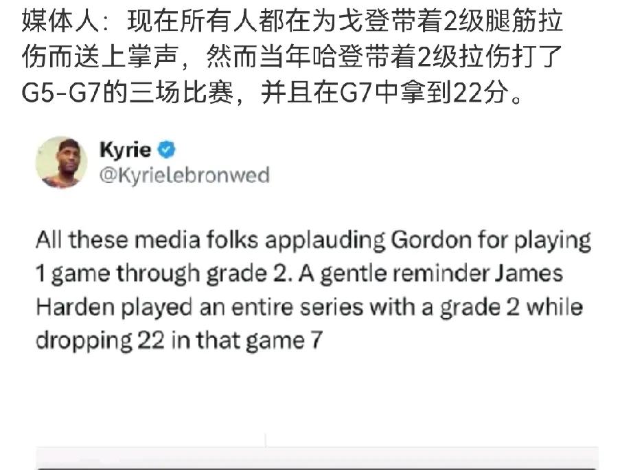 轻伤不下火线从古至今被人尊敬戈登腿筋二级拉伤打了一场都是赞扬哈登当年腿筋二