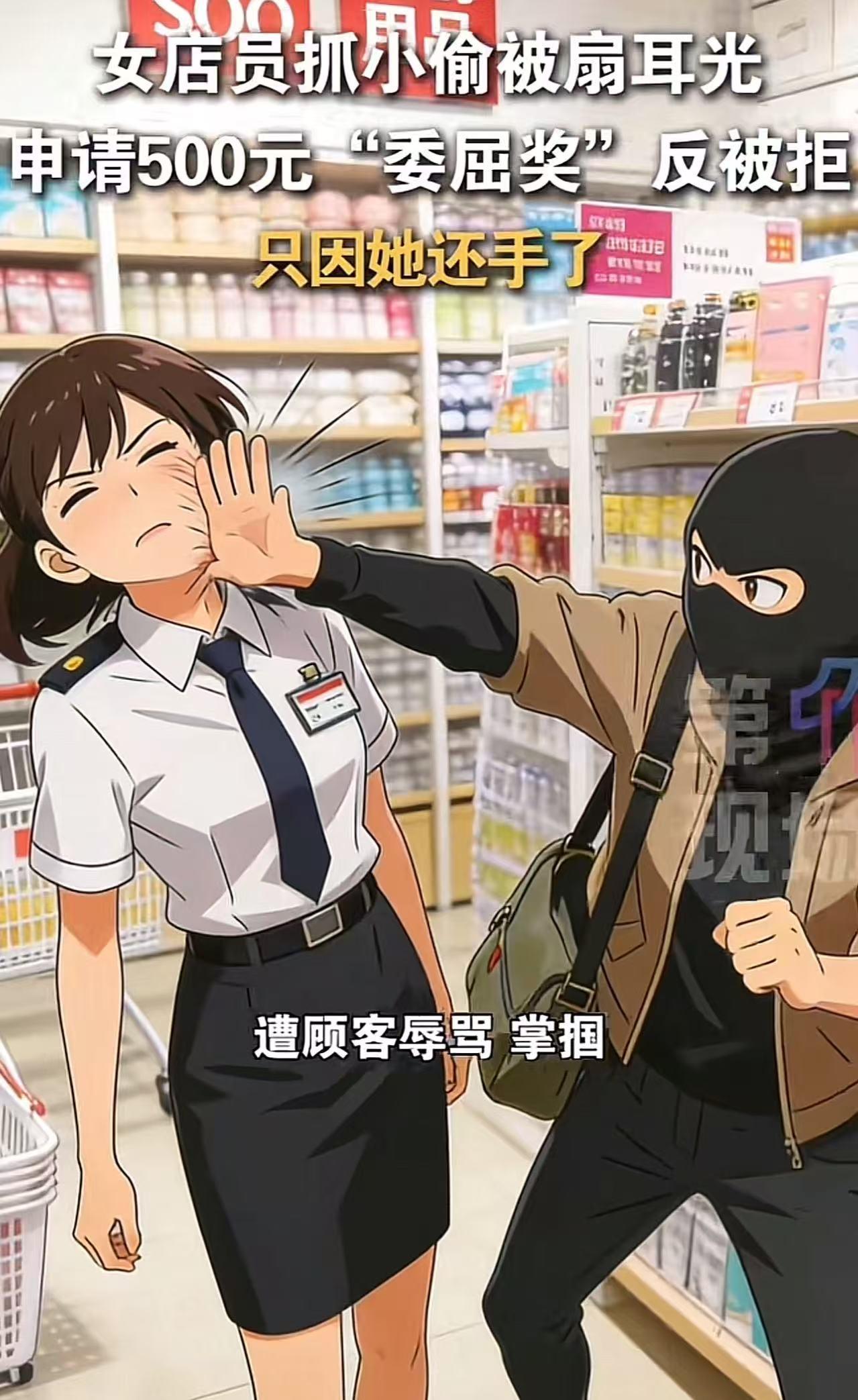 湖南长沙，女子上班时抓住偷东西的小偷，小偷情急之下，扇了女子一个耳光，店长知道后