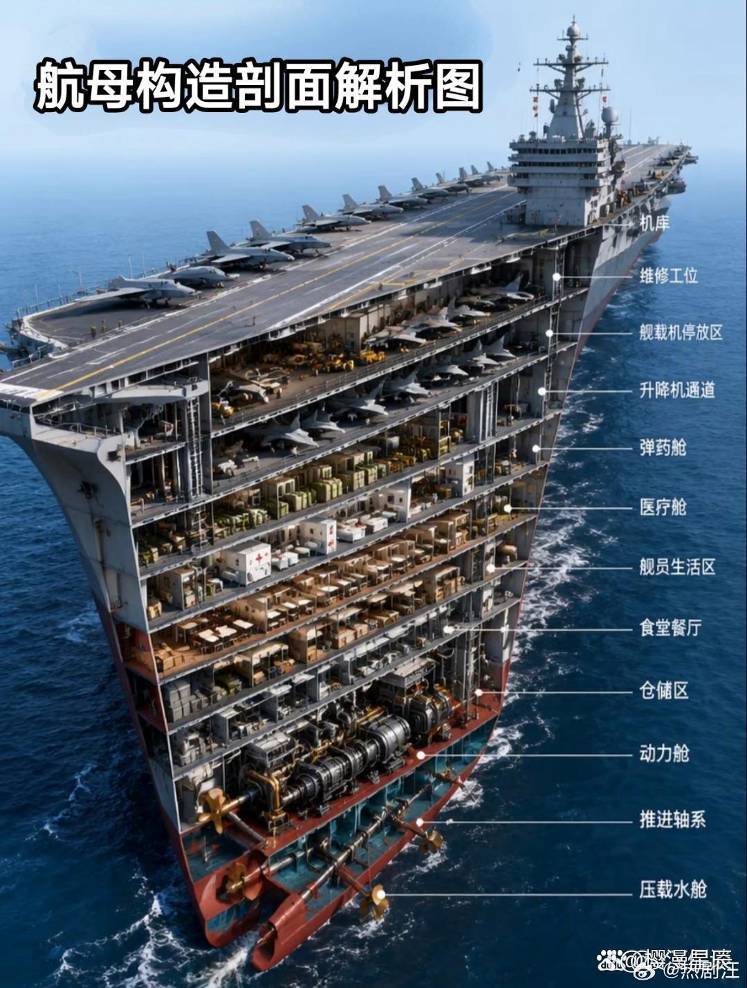 航母构造剖面图！原来航母底下有这么多层，从弹药舱到食堂，层层揭秘海上巨无霸的硬核