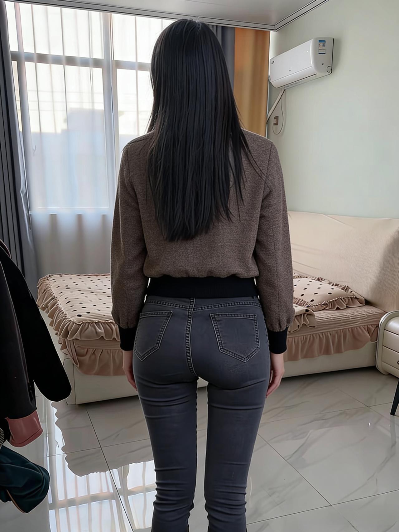 牛仔裤边风暗度，休闲衫底韵长流。背影一抹窗前立，胜却人间无数秋。