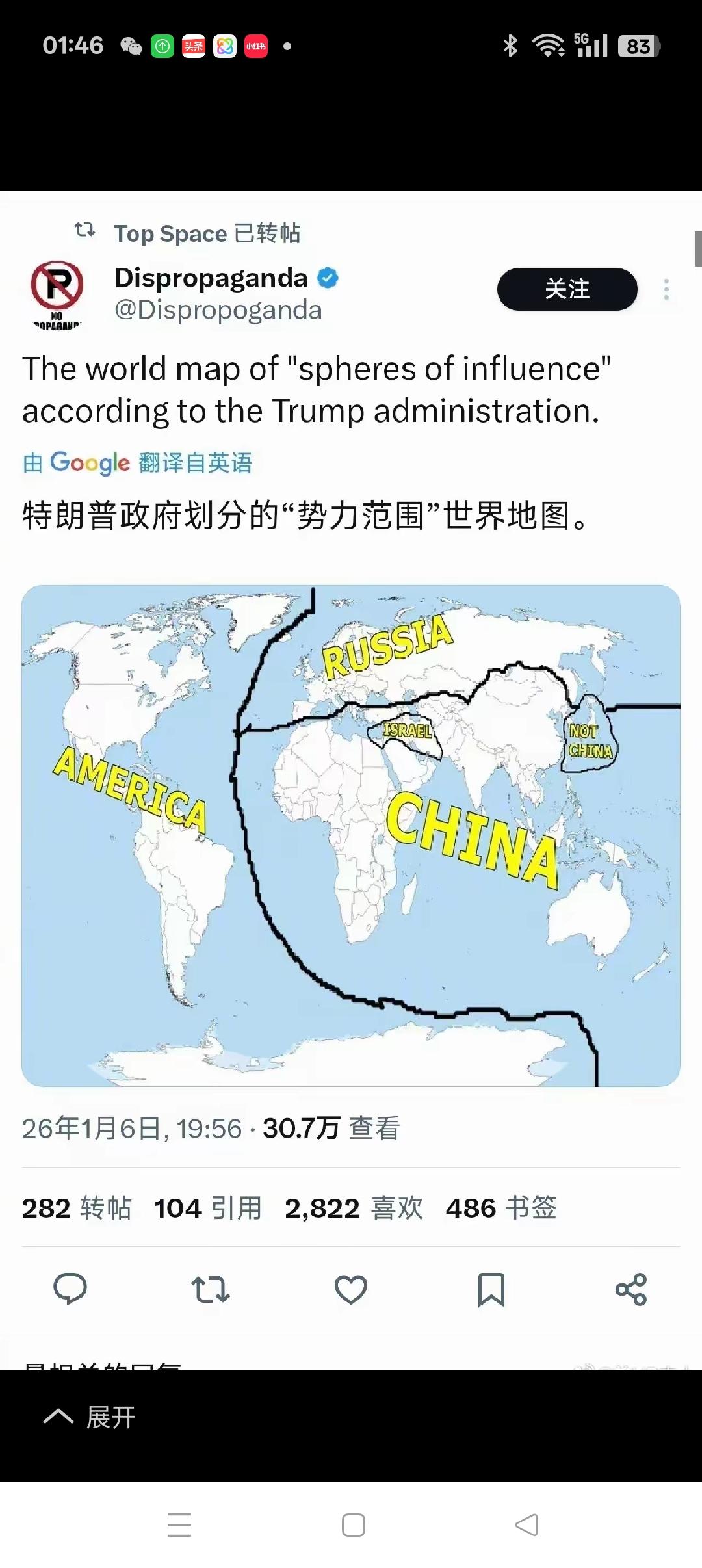 特朗普政府绘制中美俄三分天下图最近，美国特朗普政府绘制的划分“势