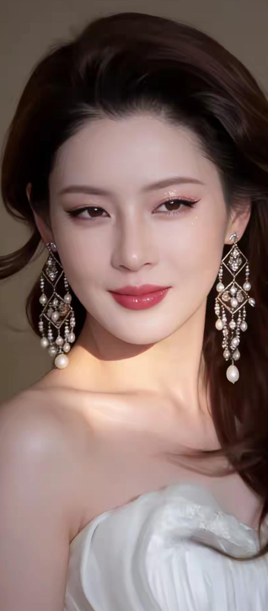 优雅红唇，闪耀耳环，白纱礼服，完美新娘💍✨