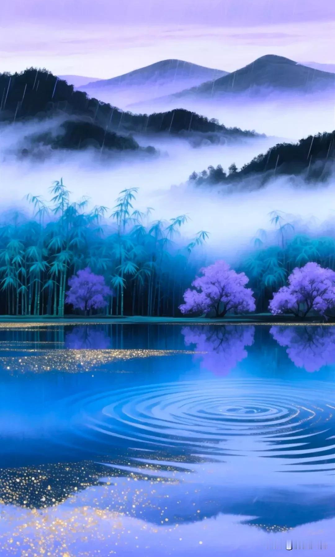 梦幻雨中的紫色仙境，光是想想就觉得美到窒息。想象一下，宁静湖面如同一面镜子，倒映