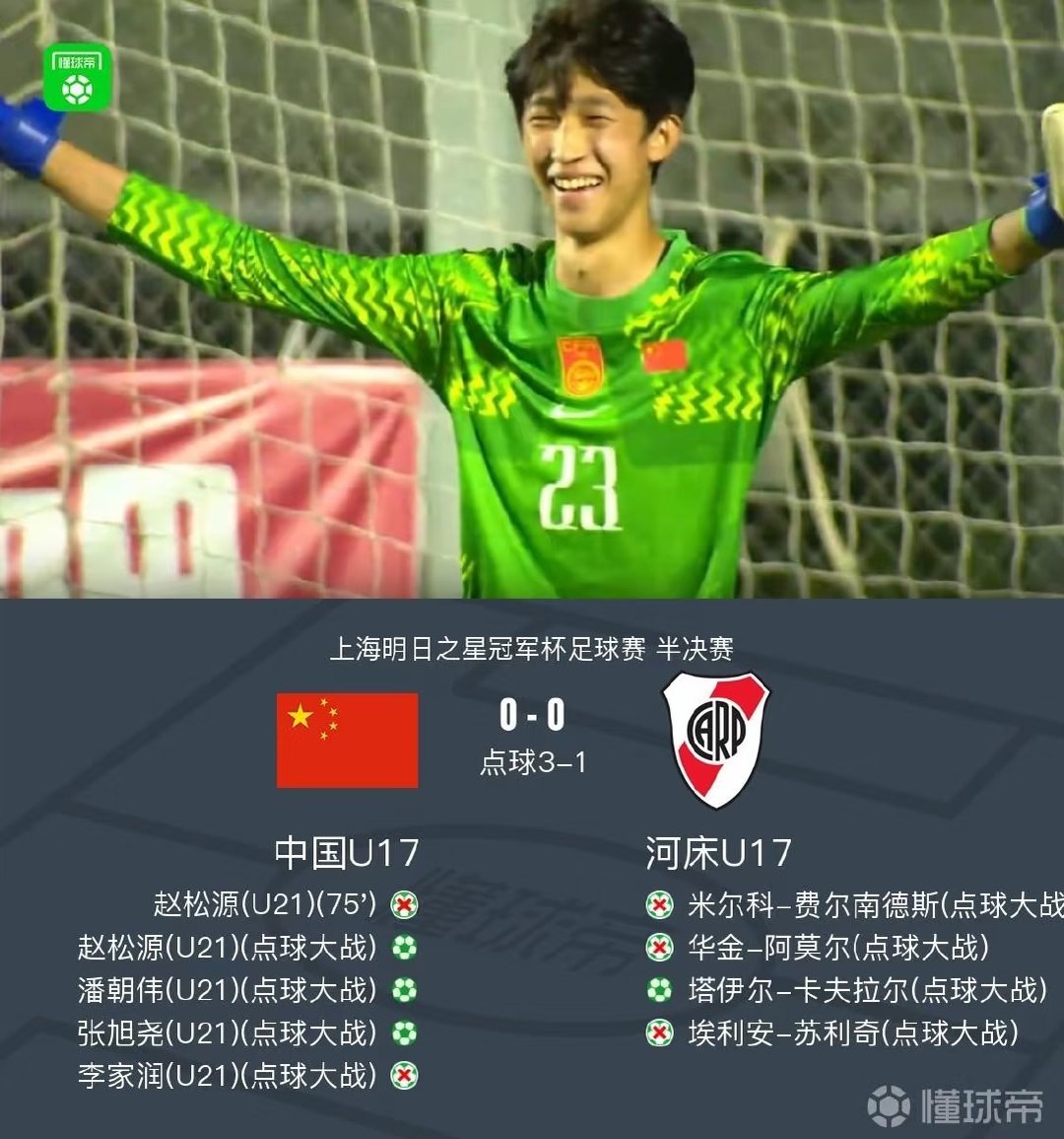 8月7日19:35，2026上海明日之星冠军杯半决赛，U17国少对阵河床U17的