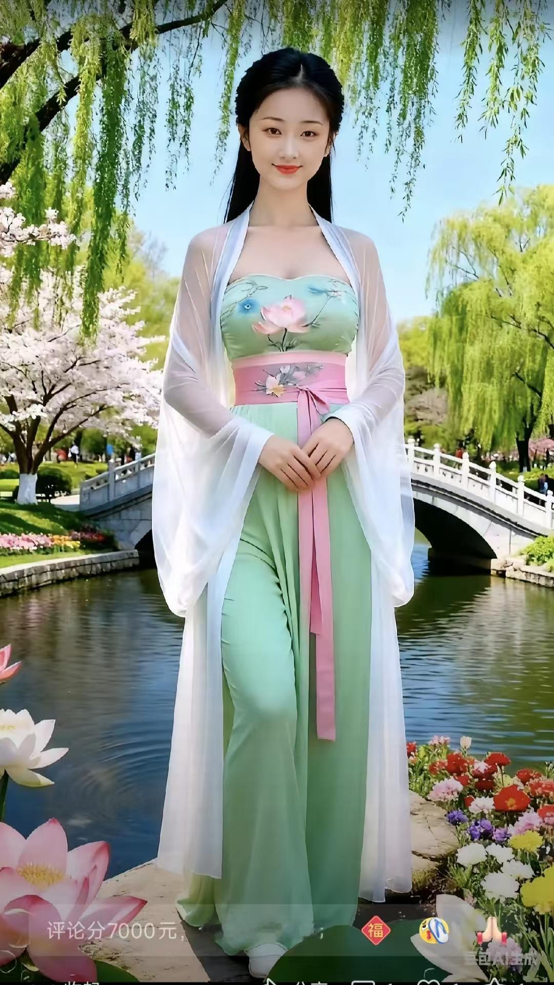 青春靓丽雅致灵动韵古悠，荷风拂面映娇柔。江南绝色仙姿妙，画面温润意韵留。