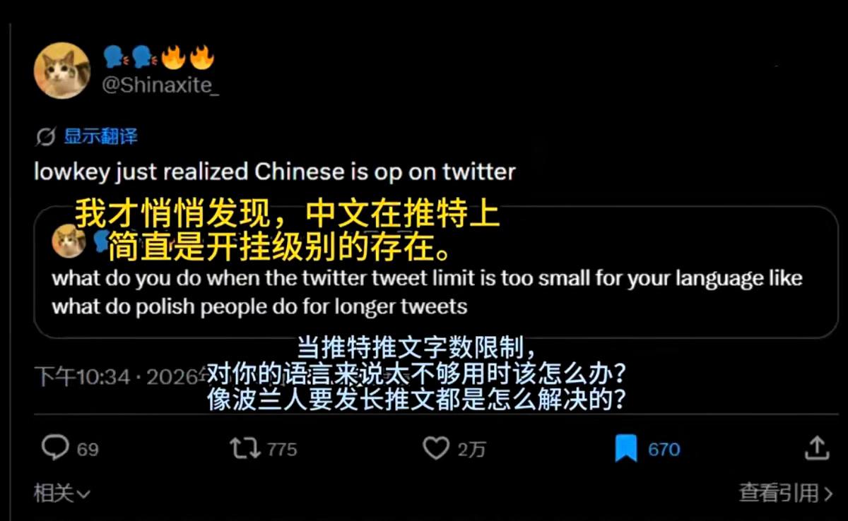 外国网友集体被中文的信息量震惊到，终于懂为什么他们吐槽中文是“开挂语言”了。