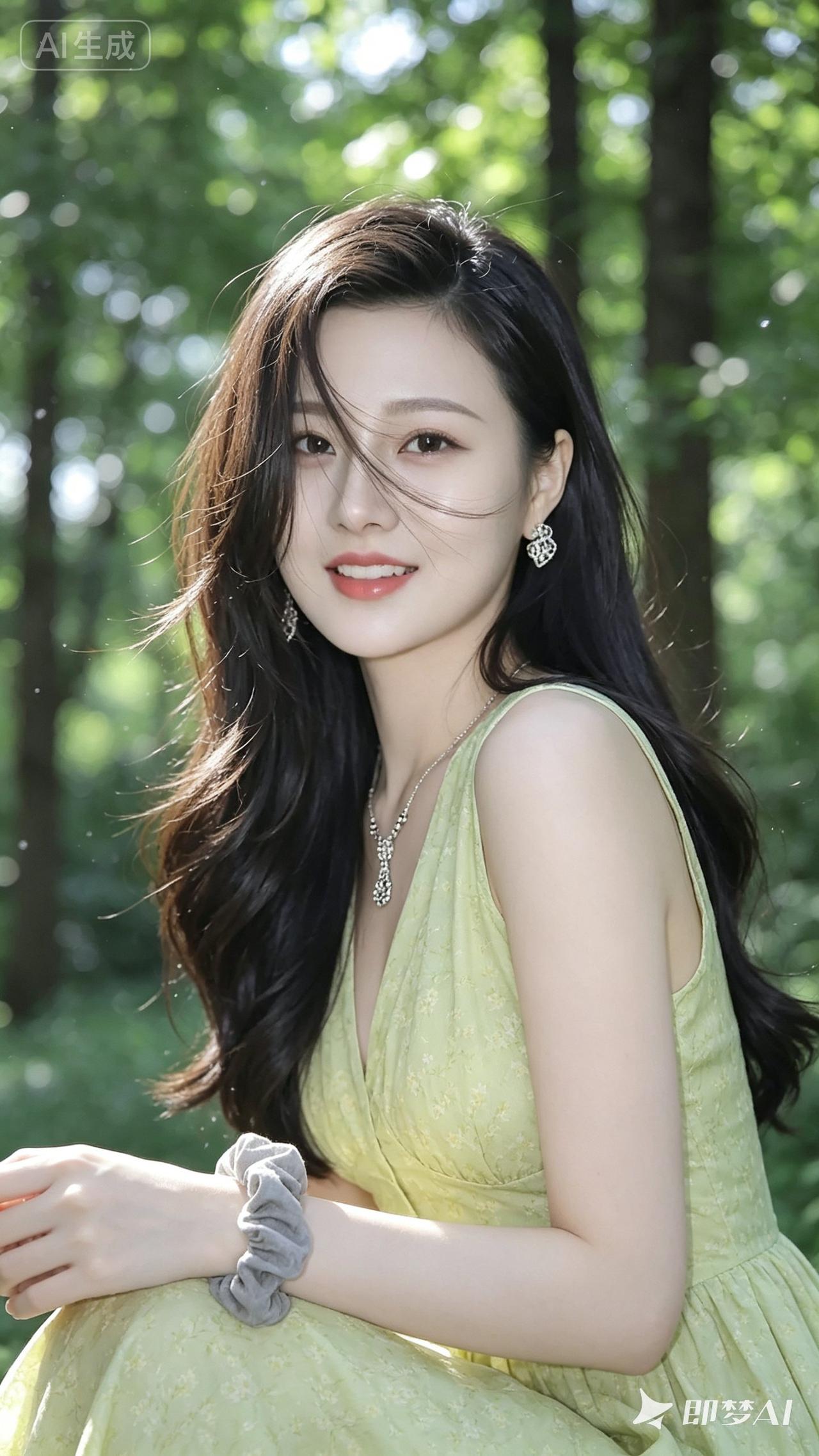 阳光下的清新少女，绿意盎然的背景，自然美如画。