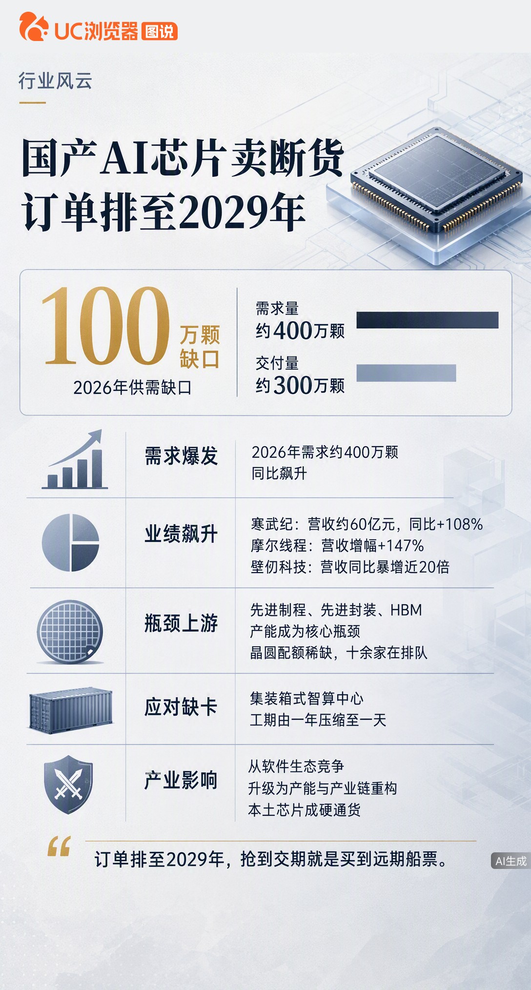 国产AI芯片卖断货，订单排到2029年？央视披露明年缺口约100万颗。厂家营收暴增，但瓶颈卡在晶圆和
