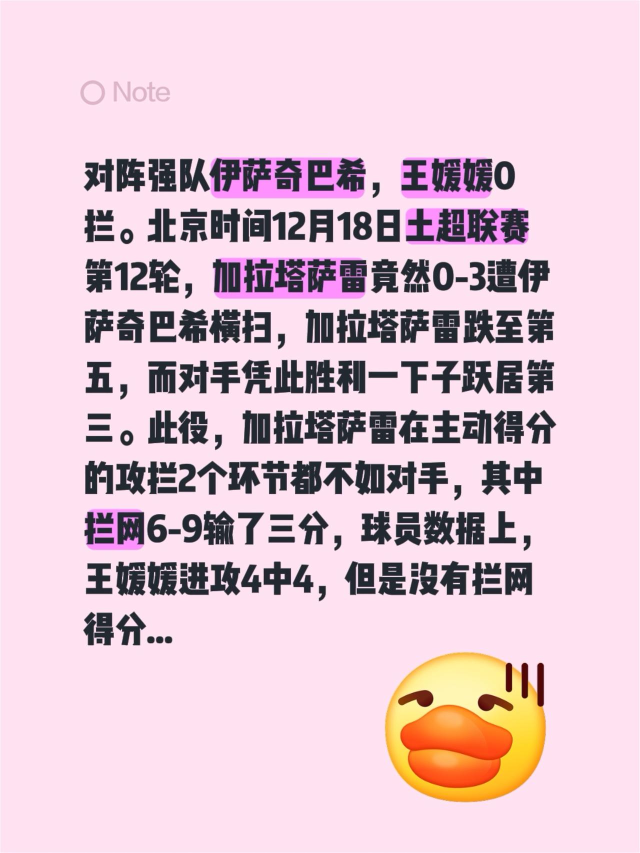 对阵强队伊萨奇巴希，王媛媛0拦。北京时间12月18日土超联赛第12轮，加拉塔萨雷