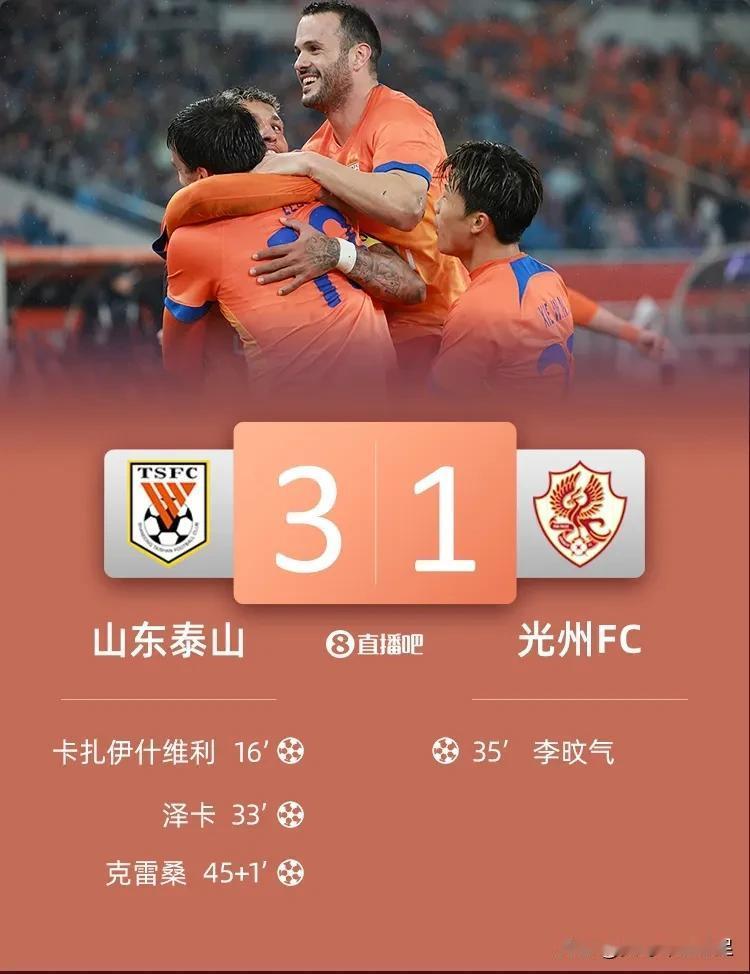 亚冠，山东泰山3-1光州FC，中超第5这么猛了，中超冠军不得直接起飞呀？看了