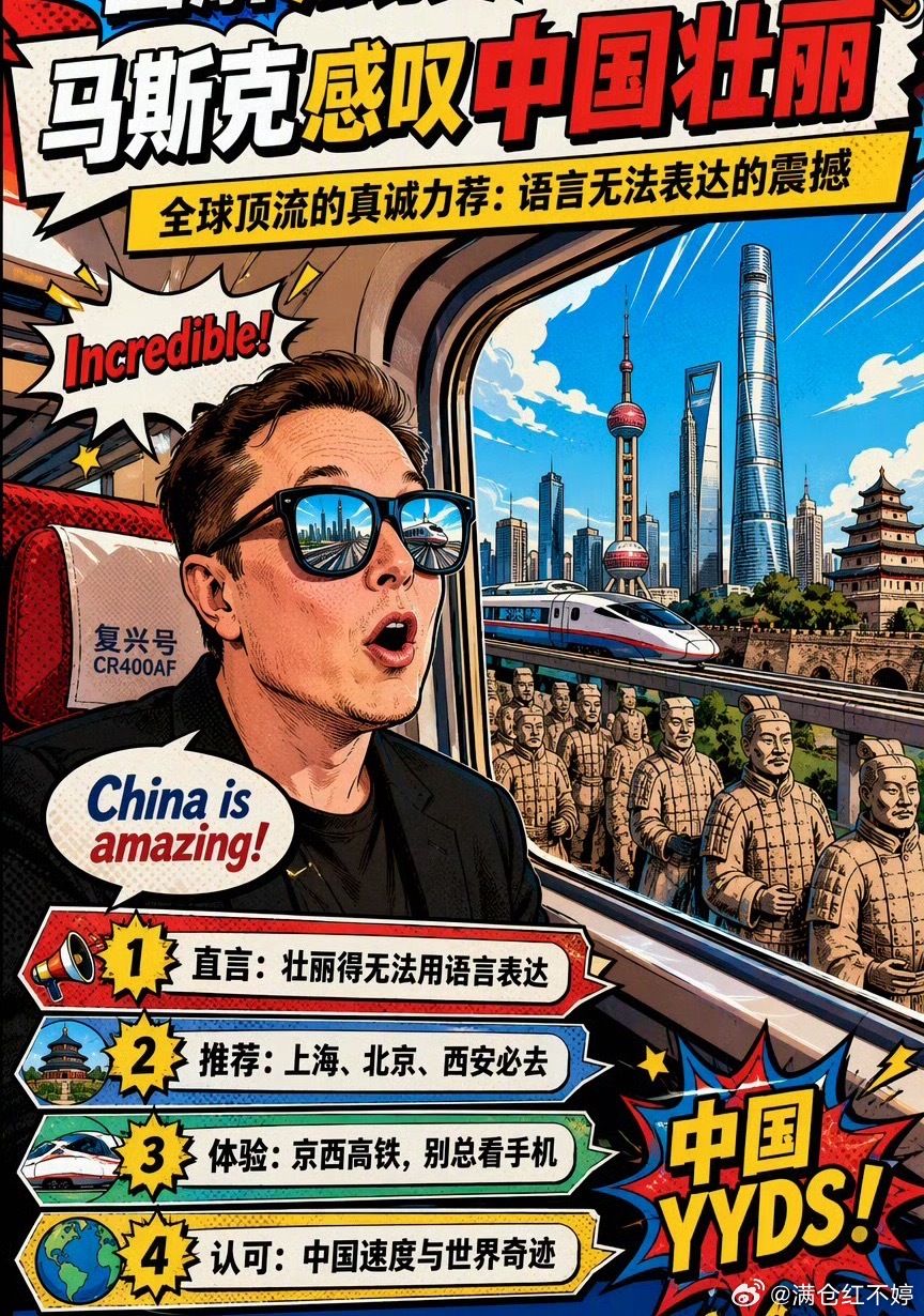 马斯克感叹中国壮丽马斯克原话“中国太棒了，是一个了不起的国家，我鼓励世界各地的人