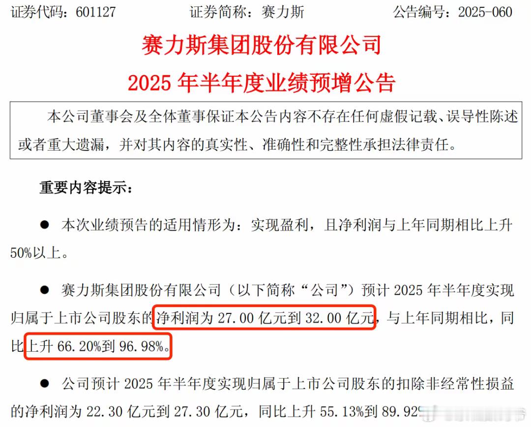 赛力斯，彻底爆了！赛力斯发布了上半年的业绩预告，预计上半年实现归母净利润27亿-