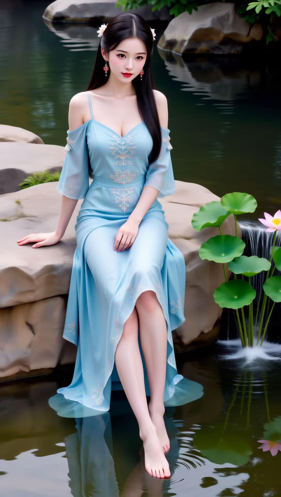 仙气飘飘的蓝裙仙女，静坐荷塘边，宛如画中人。
