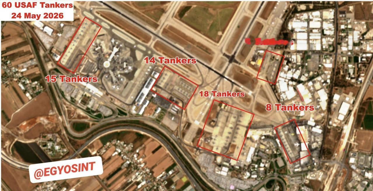 卫星照片显示，美国空军部署在以色列本-古里安机场的KC-135R/T和KC-46