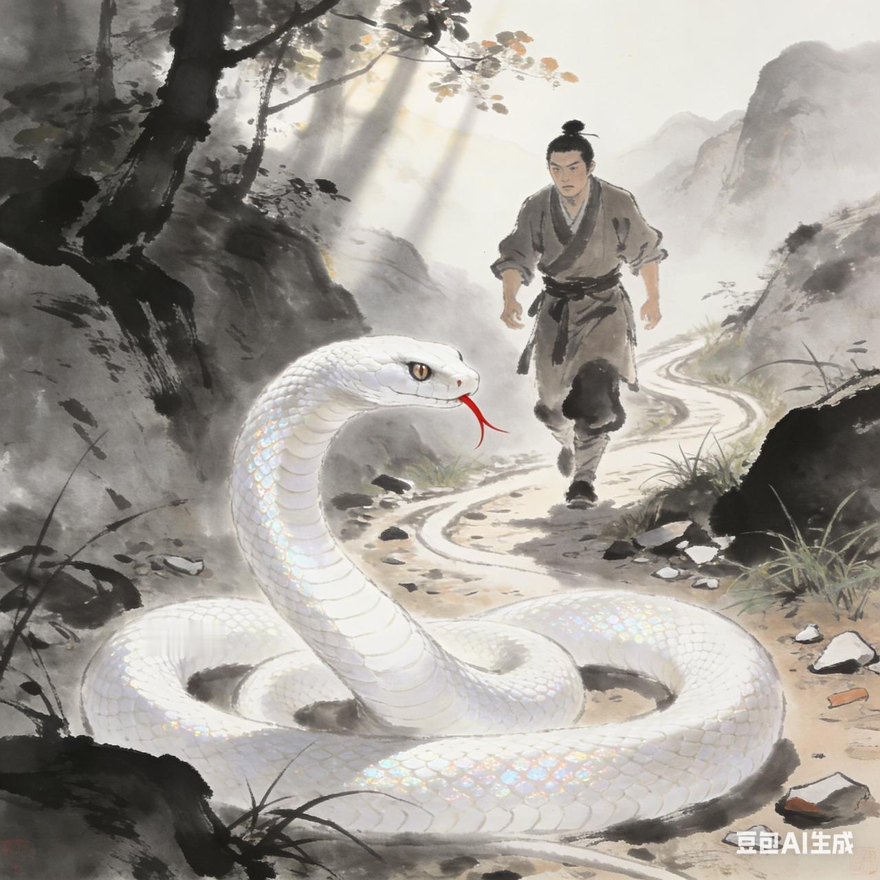 长平人鲁子华，有一次途经芒砀山。行至山道间，忽见一条白蛇横在路前。鲁子华想从