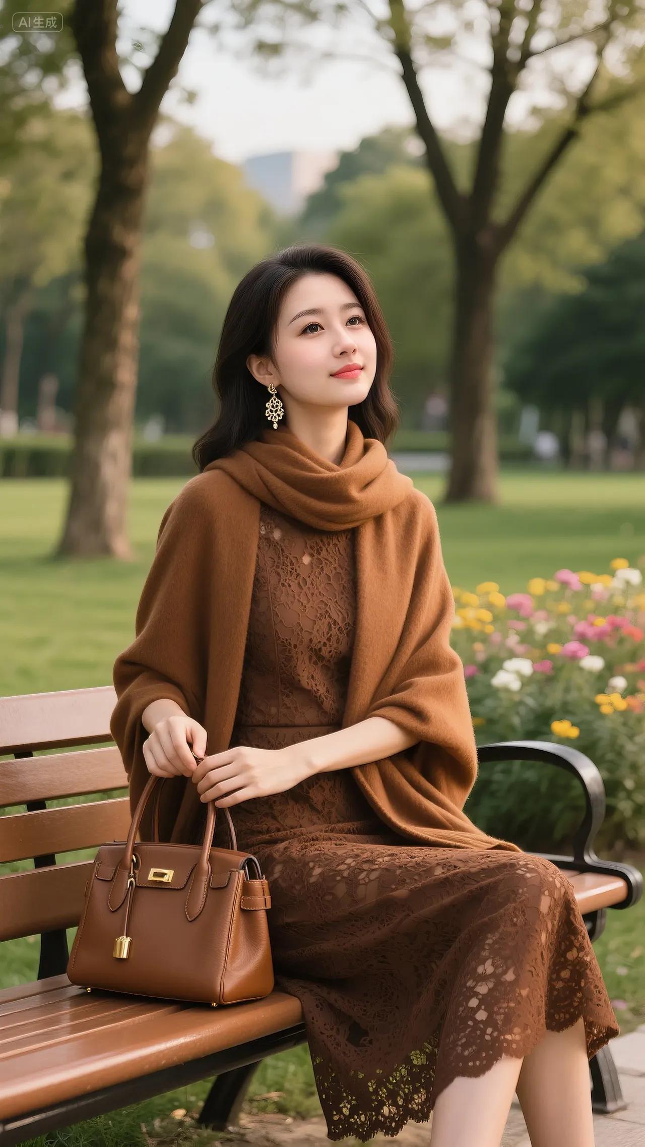 秋日公园里，美人倚长椅。