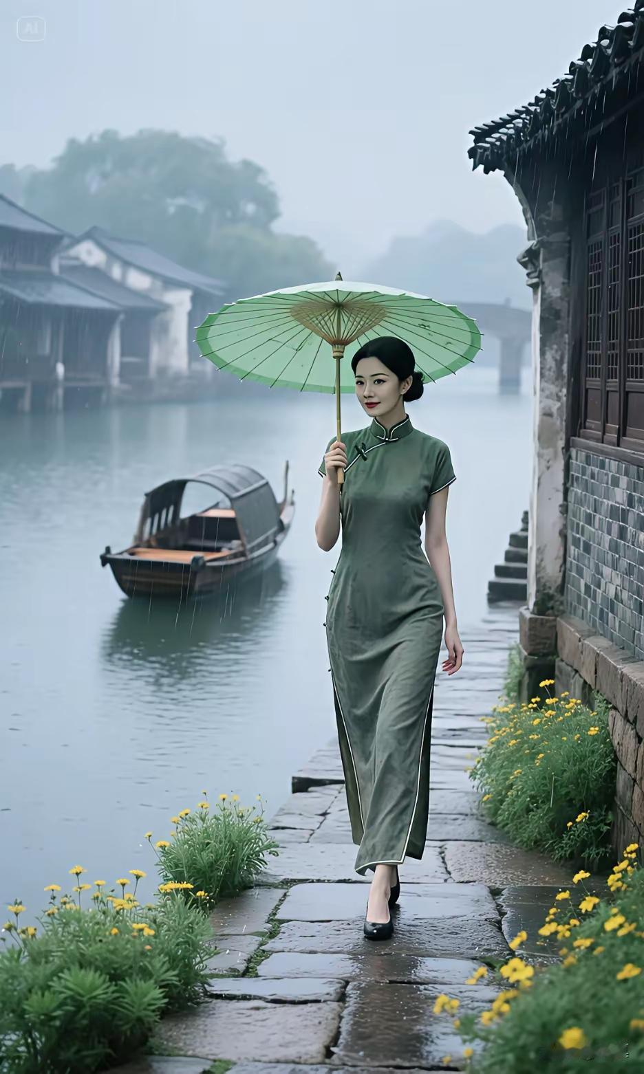 雨中漫步，撑伞漫步在江南水乡，感受古典韵味。