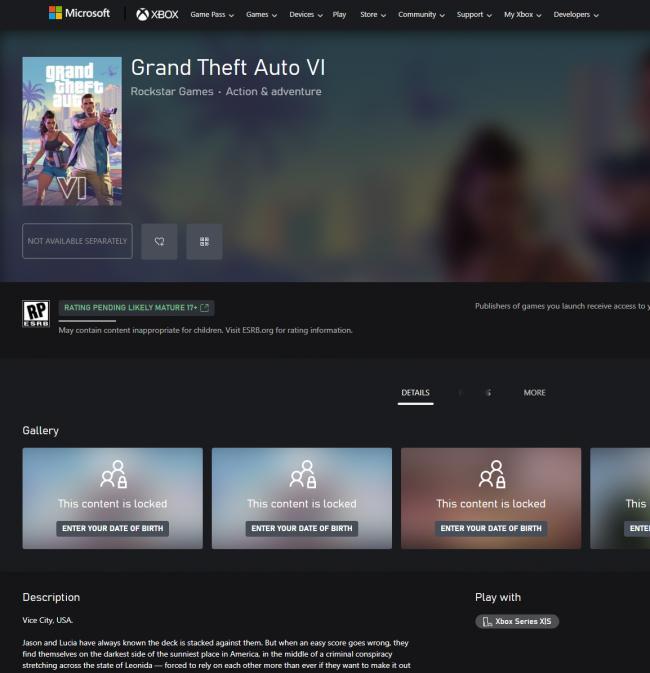 【《GTA6》或将在XSS上以720p分辨率运行】根据近日Xbox商店的列表显示